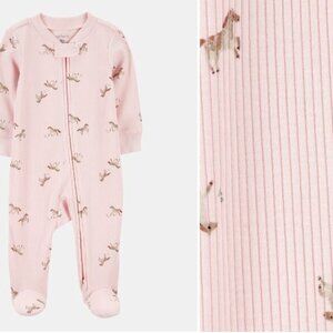 Baby Girl Horse Print 2-Way Zip Ribbed Sleep & Play Pajamas - Pink